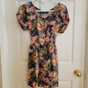 Sheer navy blue floral print button down tea dress S